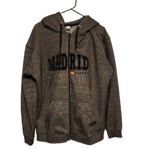 Sweatshirt Jacket Hooded Zip Front Pockets Gray Black w/ MADRID ESPANA Mens XL